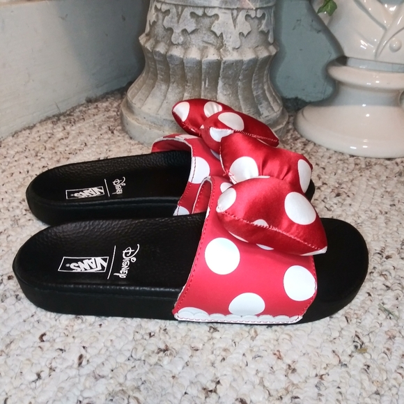Vans Shoes - Disney × Vans Rare Minnie Mouse Red & White Polka Dot Bow Trimmed Slide Sandals